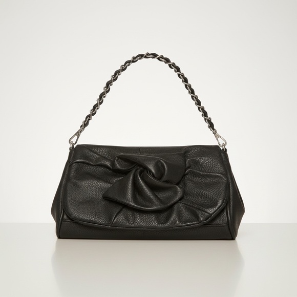 Black Pebbled Leather Mini Shoulder Bag Knot Detail Chain Strap Y2K Clutch (A) - Picture 10 of 10